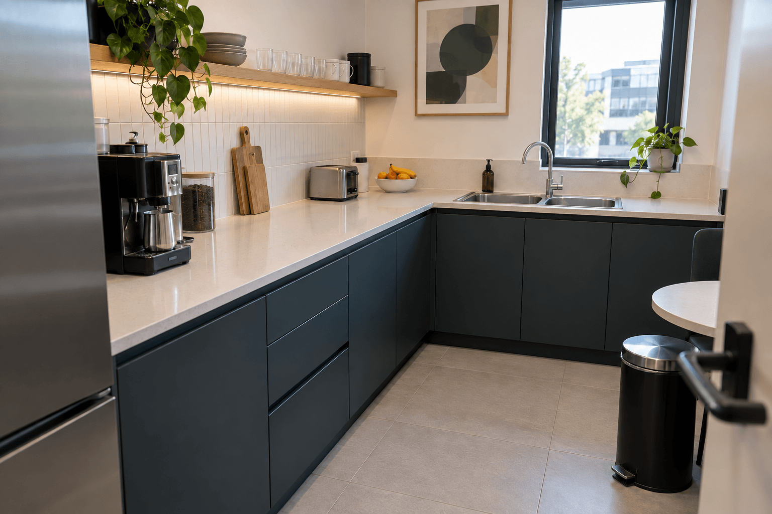 Illustrative office kitchenette after professional cleaning