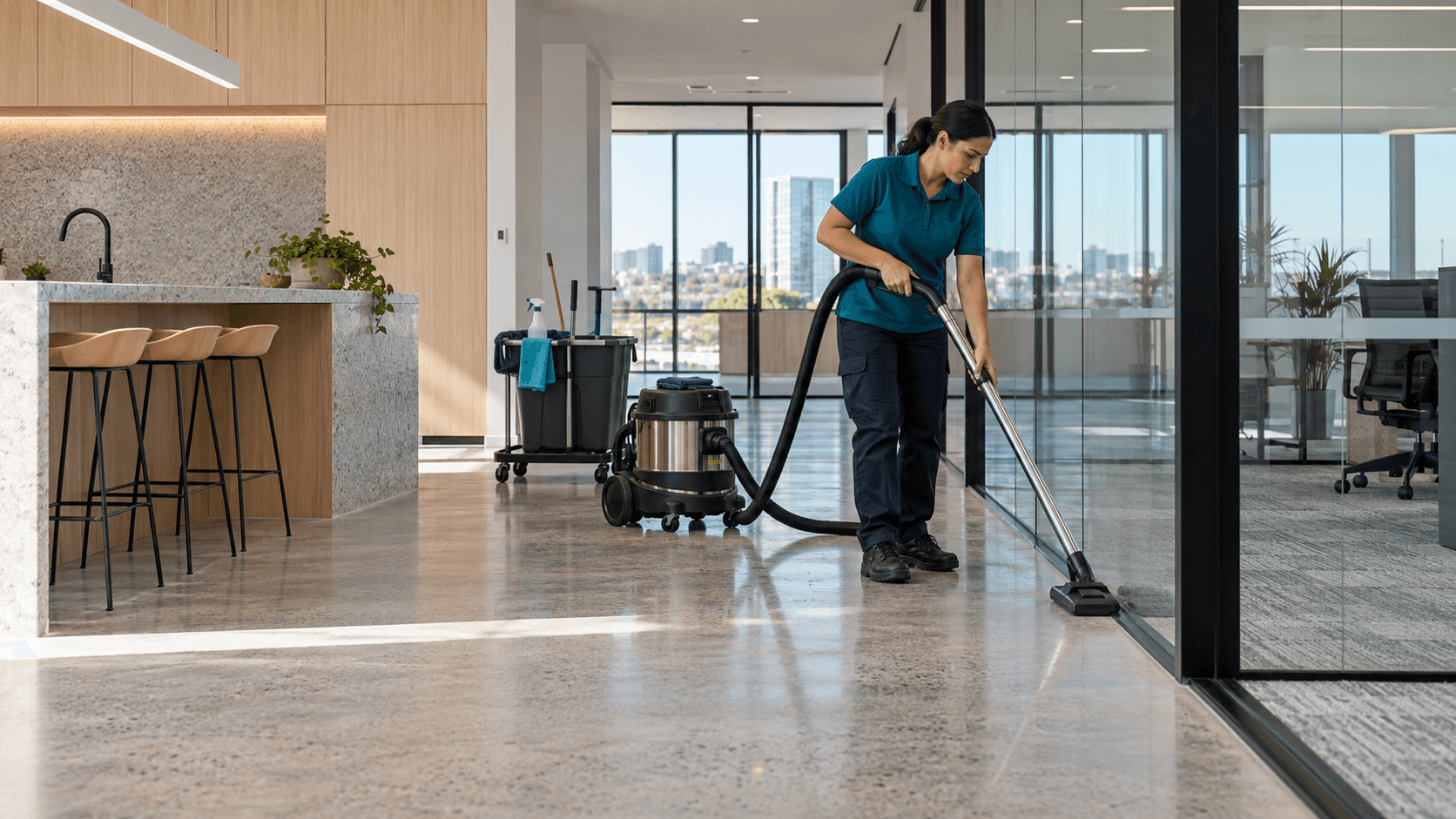 Professional cleaner vacuuming fine dust in a newly completed Perth office fit-out