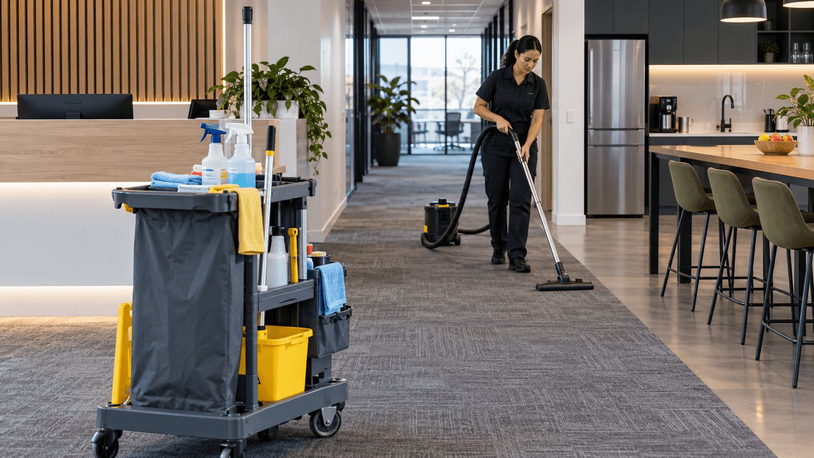 Cleaner vacuuming a Perth workplace beside an organised commercial cleaning trolley