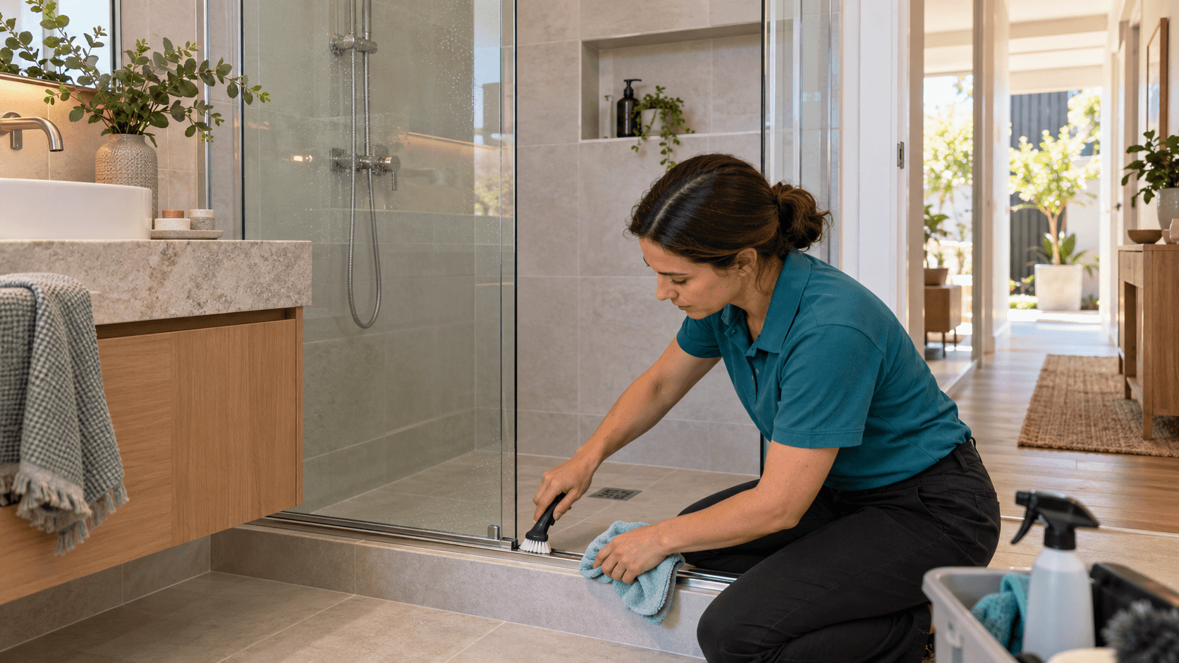 Professional cleaner detailing shower tracks during a deep clean in a Perth home