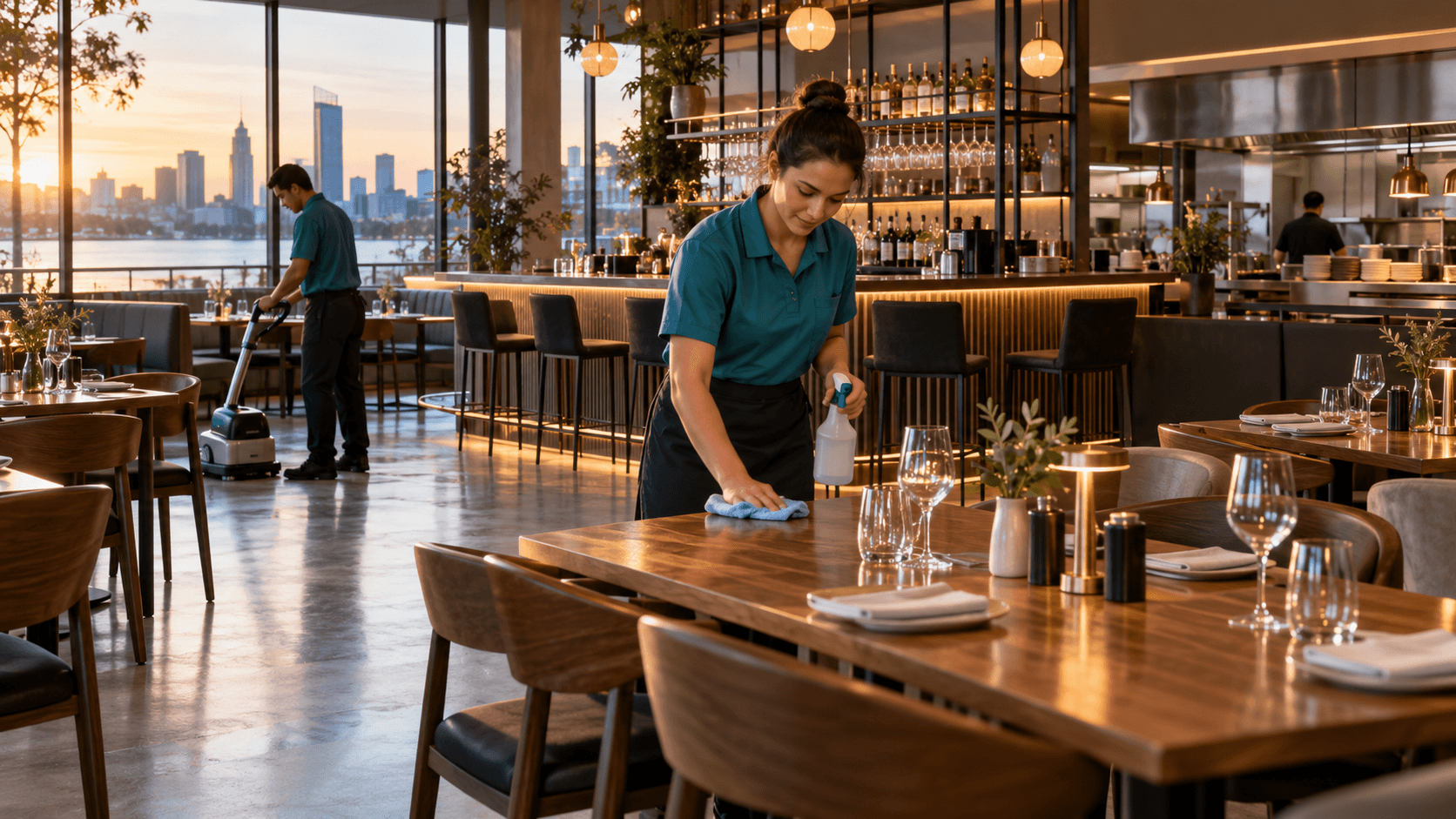Cleaning team preparing a modern Perth restaurant before opening