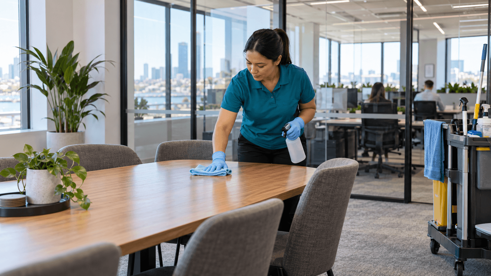 Professional cleaner wiping a meeting table in a modern Perth office